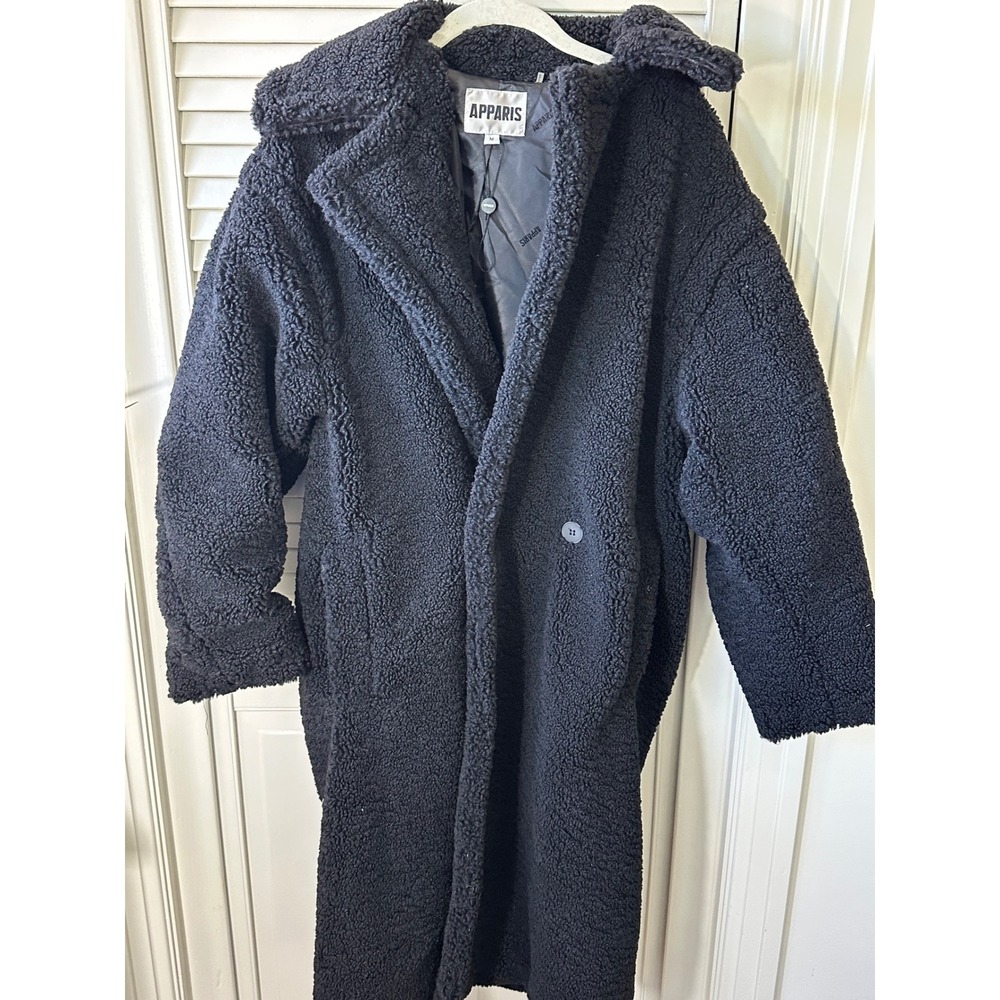 Apparis Women Black Faux Shearling Teddy Coat Longline Notched Lapel Size M